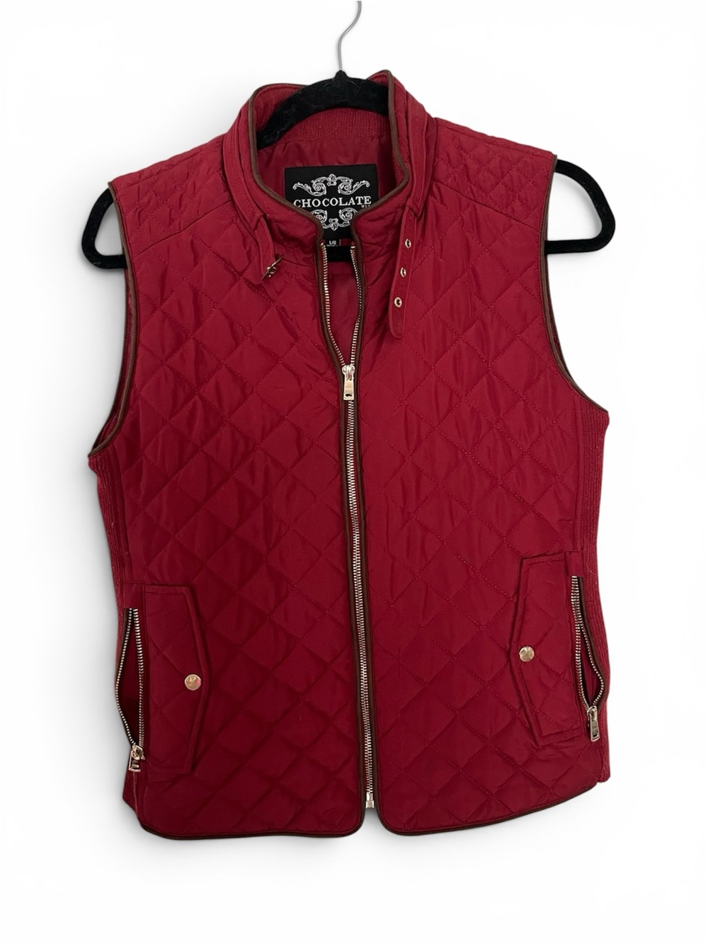 Chocolate SzL Quilted Burgundy Red Vest with Gold Tone Zip Front, Pockets